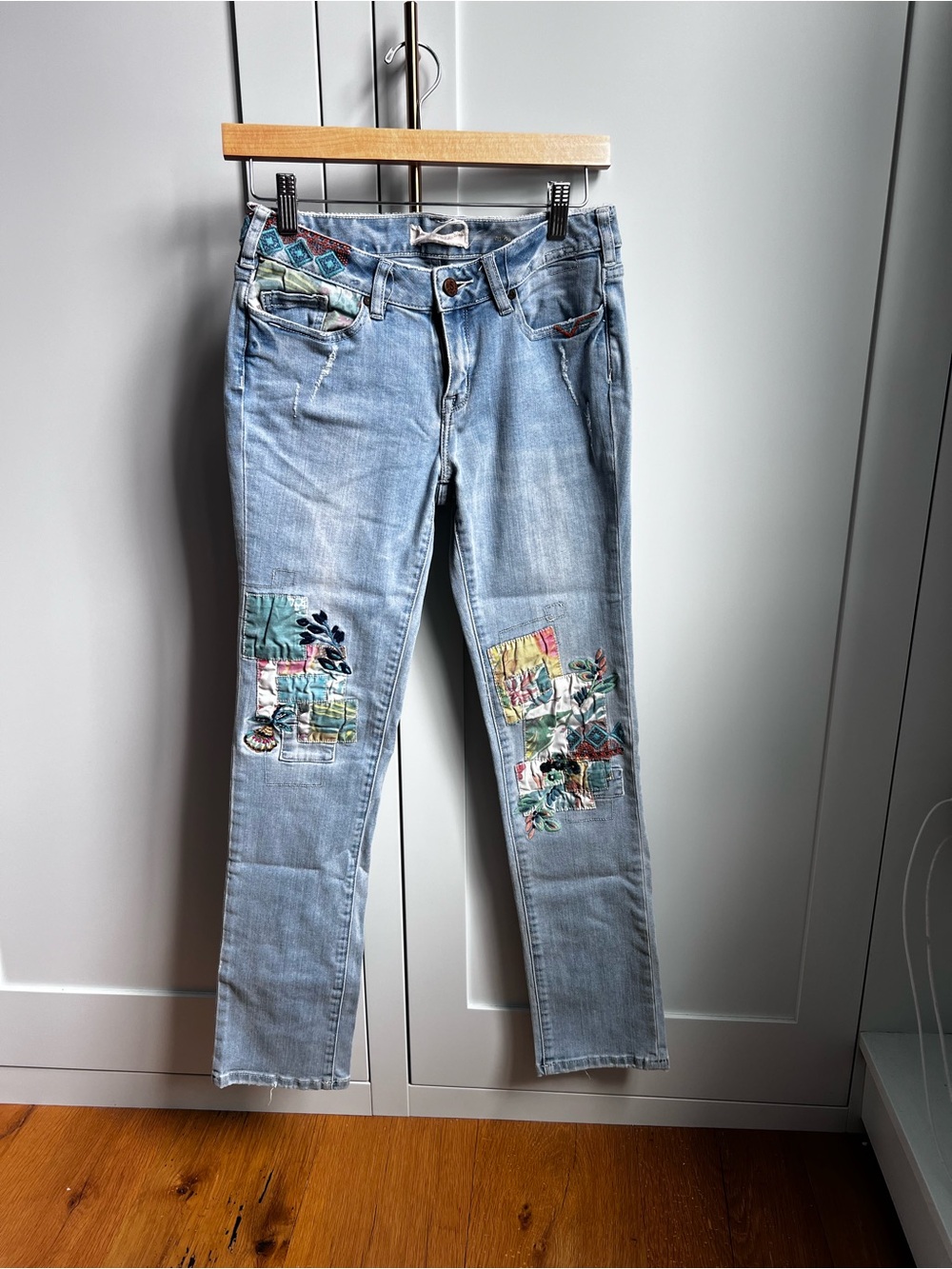 Sundance Light Blue Straight Leg Jeans with Multicolor Patchwork
